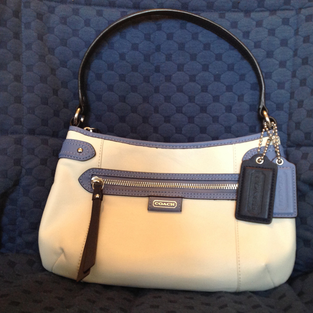 Coach Leather Handbag White With Blue Trim